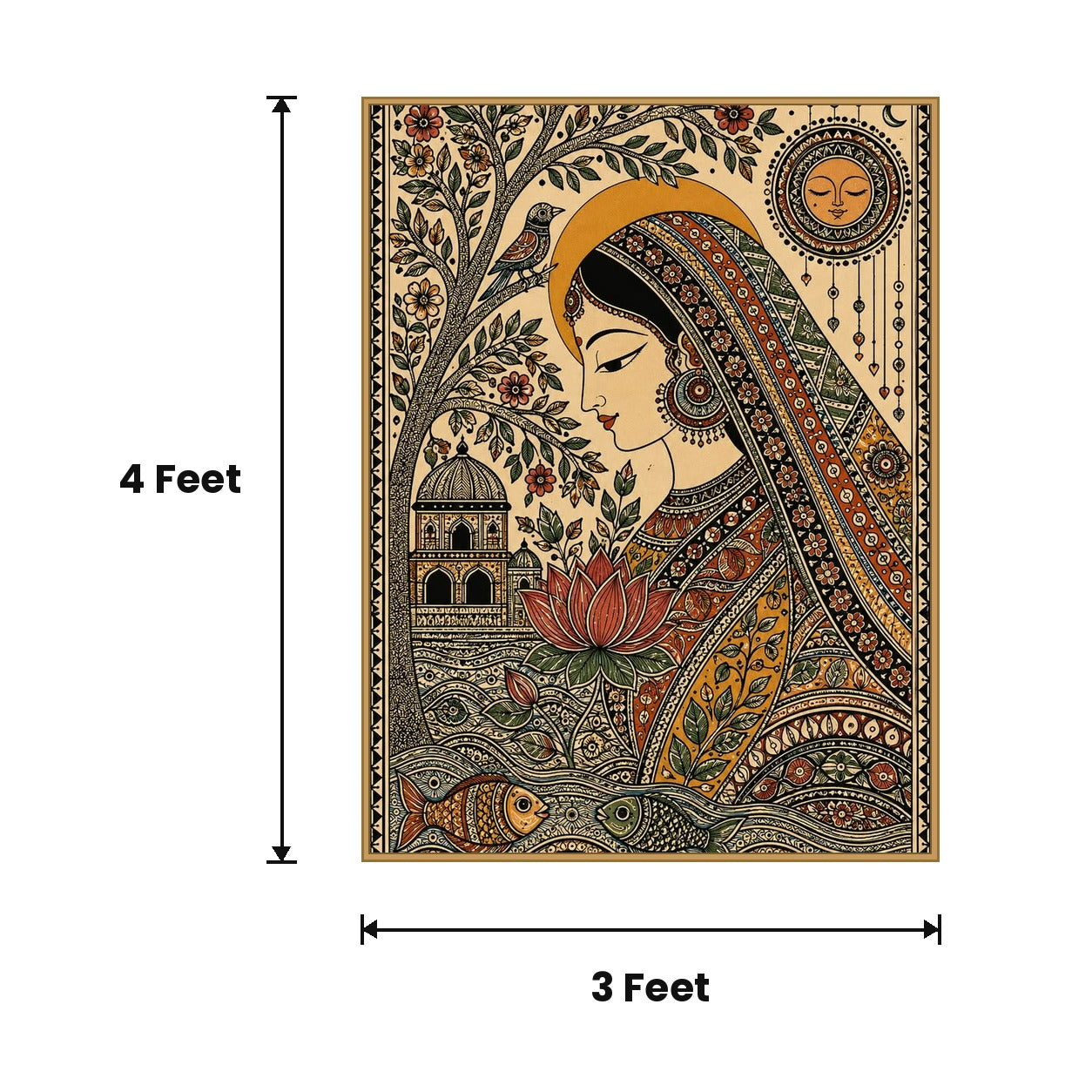 Madhubani Woman Portrait acoustic painting size guide, 4 x 3 ft