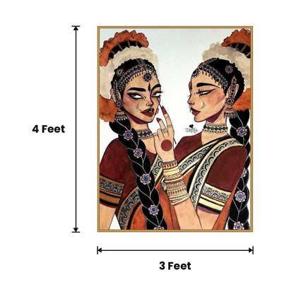 Two Women Braids Sarees acoustic painting size guide, 4 x 3 ft