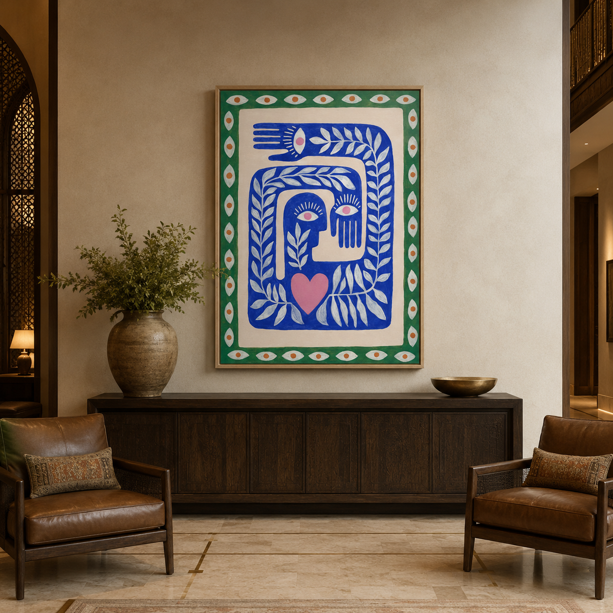 Folk Face Blue Eye Border acoustic painting on PET felt canvas