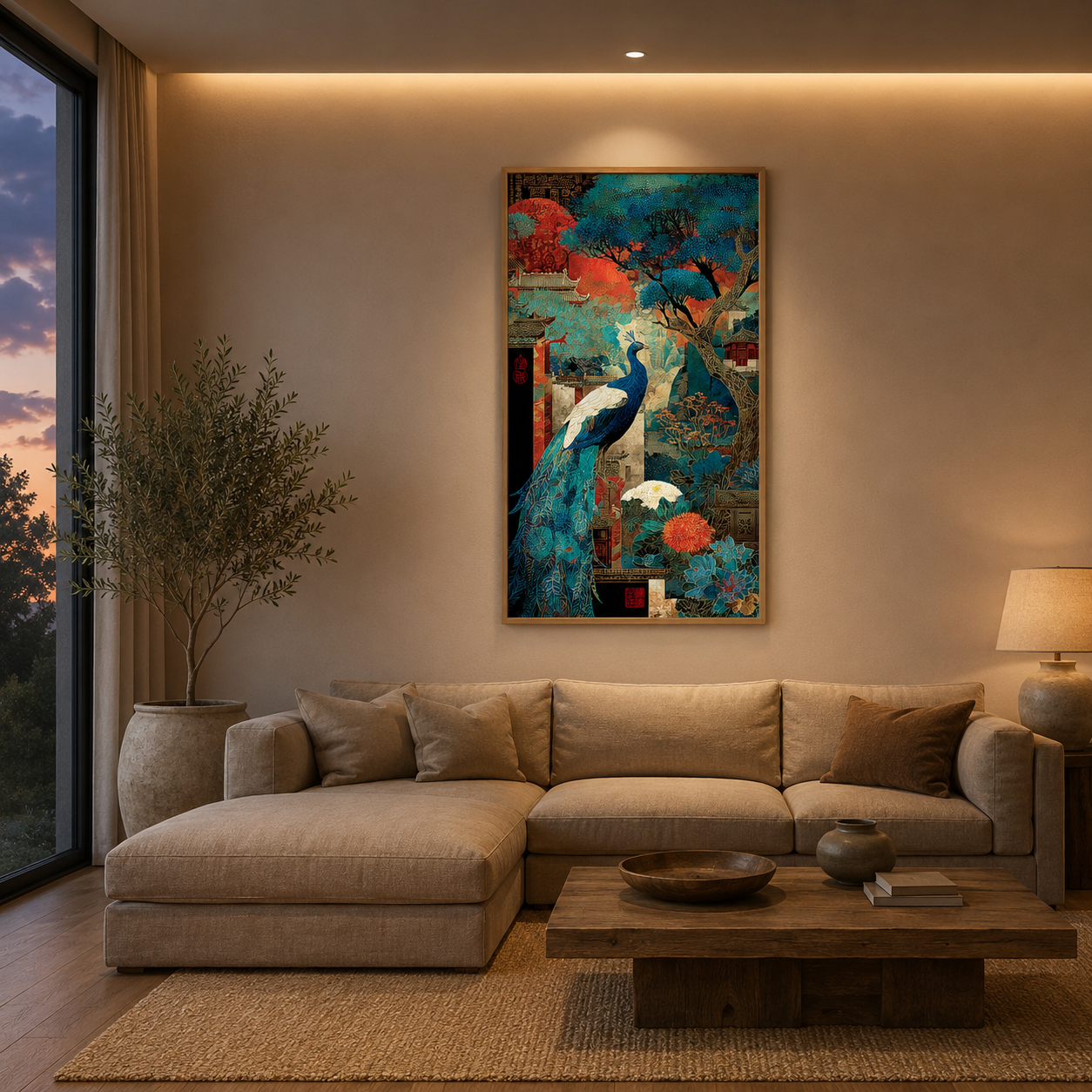 Peacock Garden Teal acoustic painting on PET felt canvas
