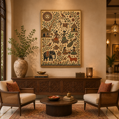 Gond Village Scene acoustic painting on PET felt canvas