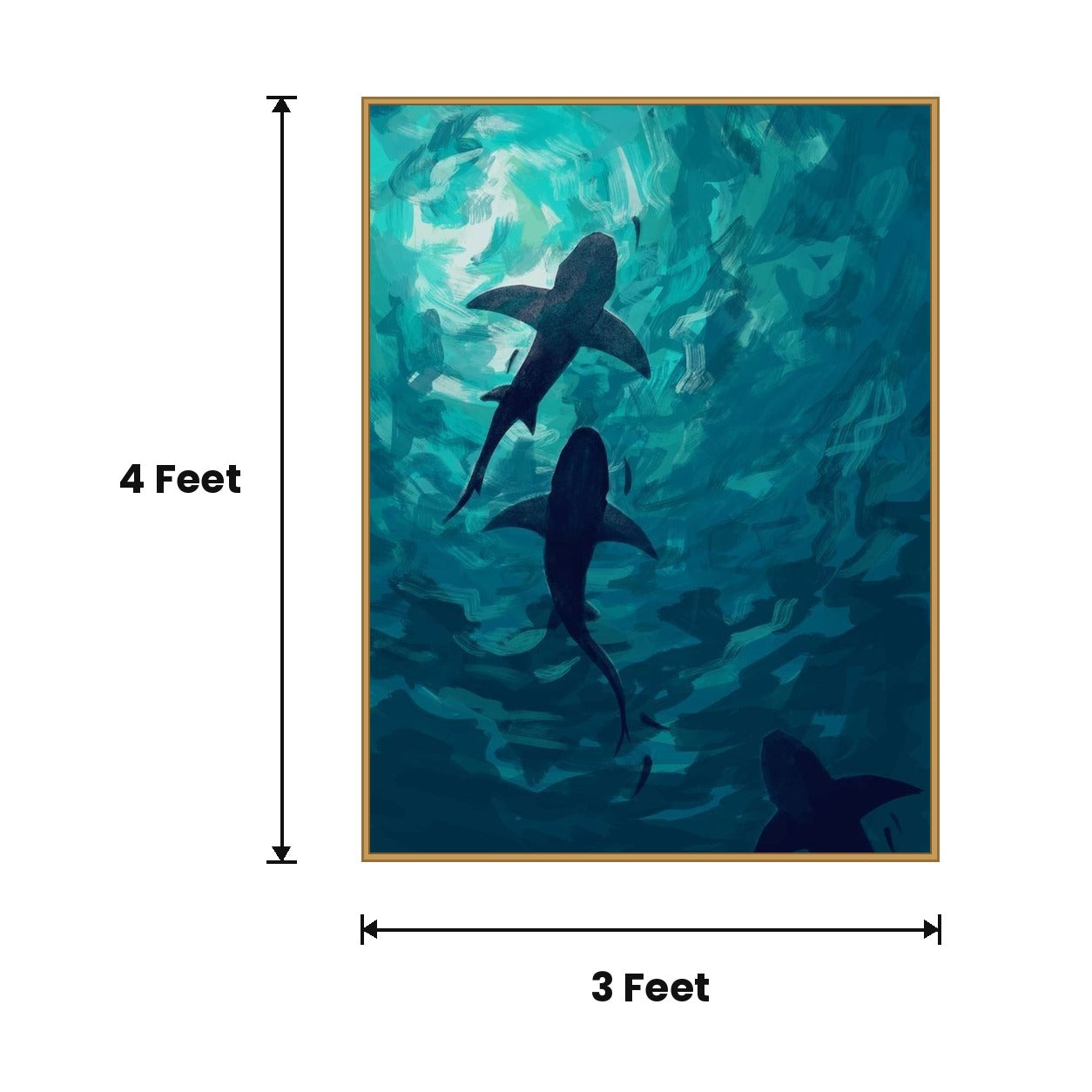 Sharks Underwater Teal acoustic painting size guide, 4 x 3 ft