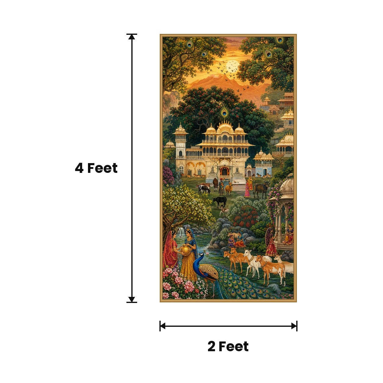 Pichwai Golden Landscape acoustic painting size guide, 4 x 2 ft