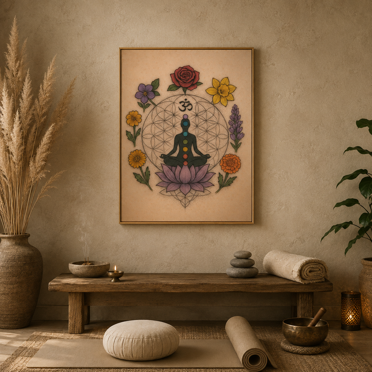 Meditating Figure Botanical acoustic painting on PET felt canvas