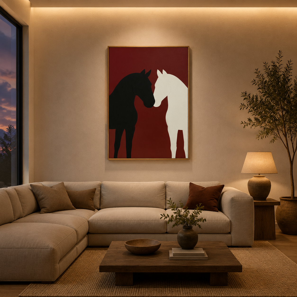Horse Pair Maroon Framed acoustic painting on PET felt canvas