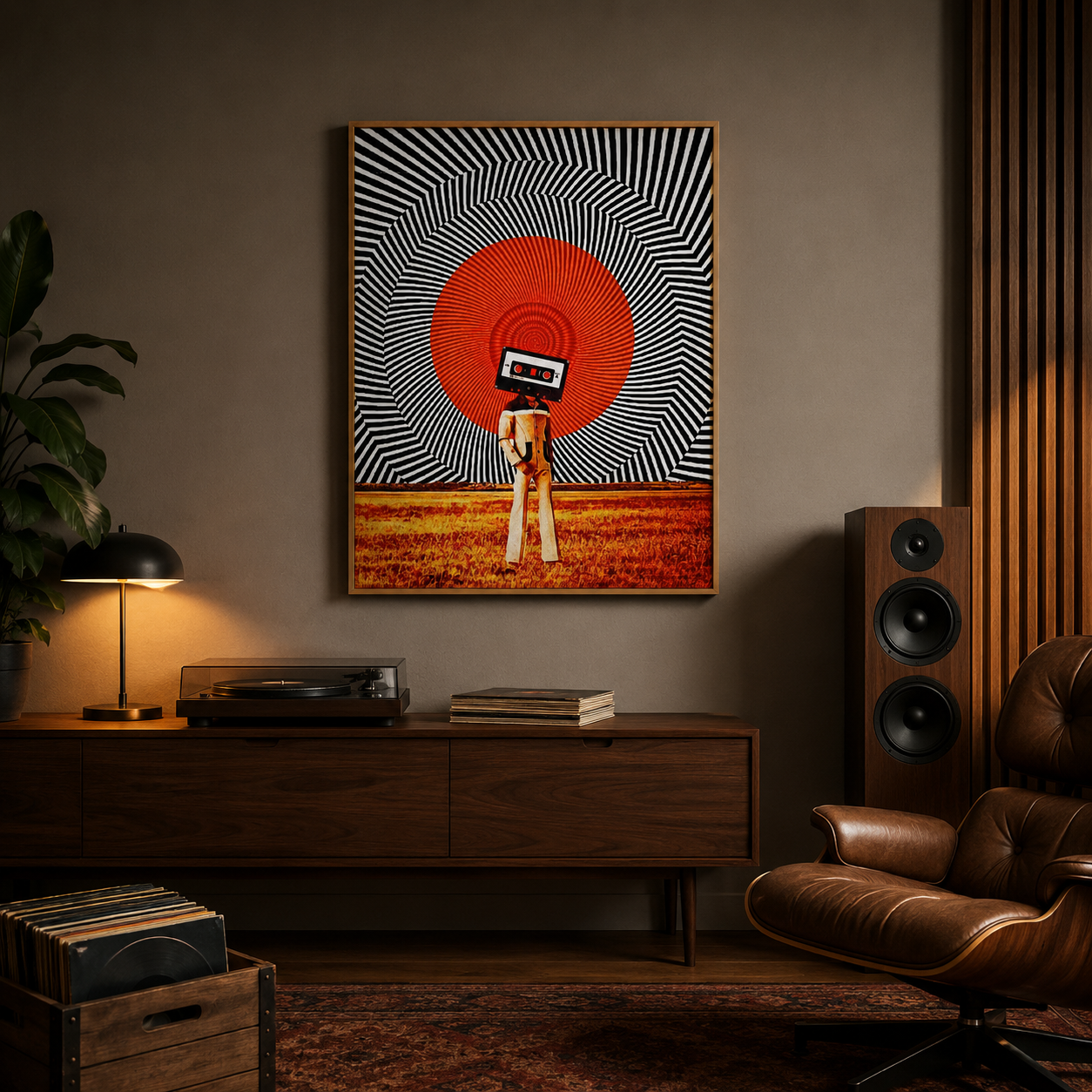 Cassette Head Figure Collage acoustic painting on PET felt canvas