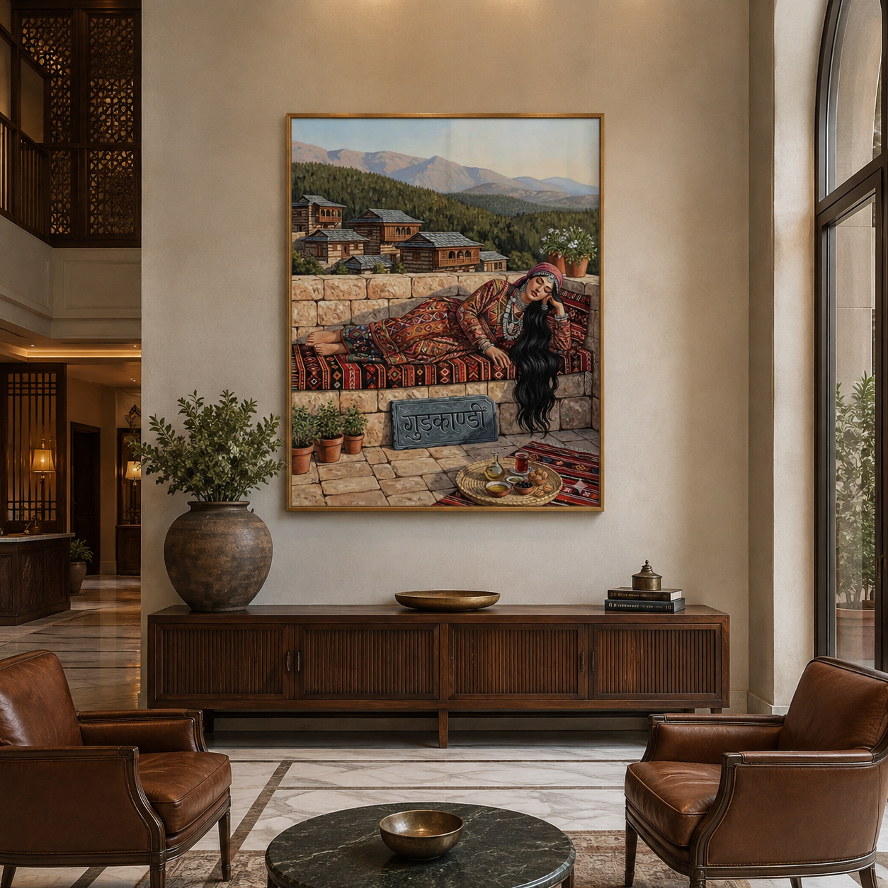 Woman Resting Mountain Village Folk acoustic painting on PET felt canvas