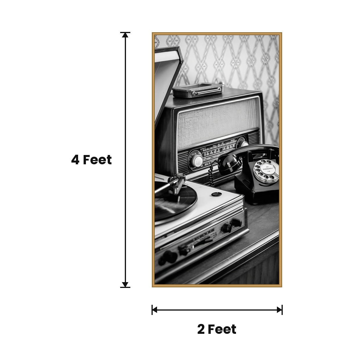Vintage Radio Phone Monochrome acoustic painting size guide, 4 x 2 ft