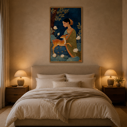 Woman With Deer Lotus acoustic painting on PET felt canvas