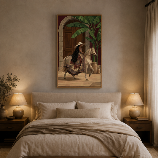 Woman On White Horse Carpet acoustic painting on PET felt canvas