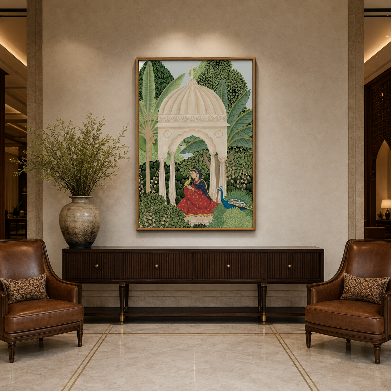 Pichwai Woman With Peacock acoustic painting on PET felt canvas