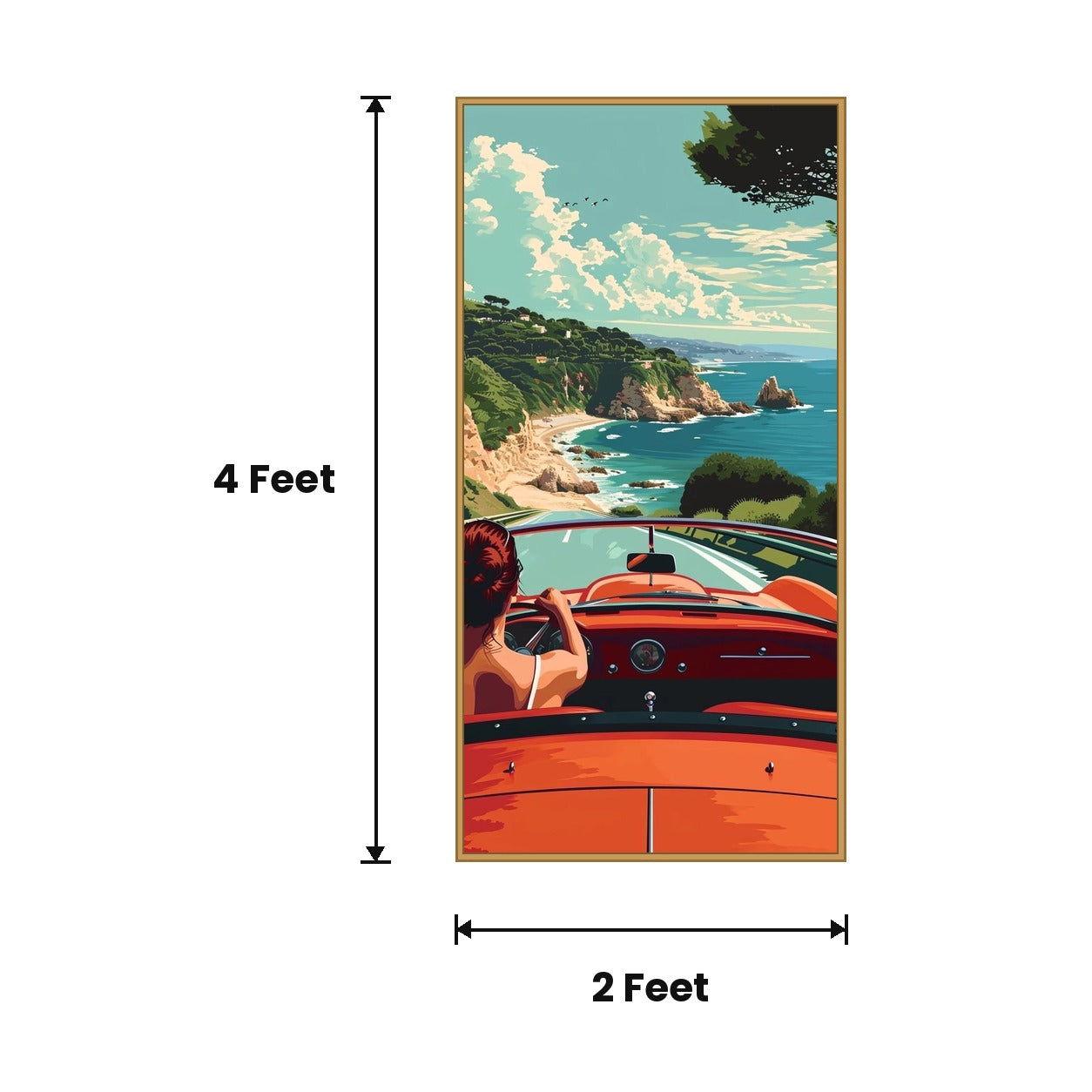 Woman In Red Convertible acoustic painting size guide, 4 x 2 ft
