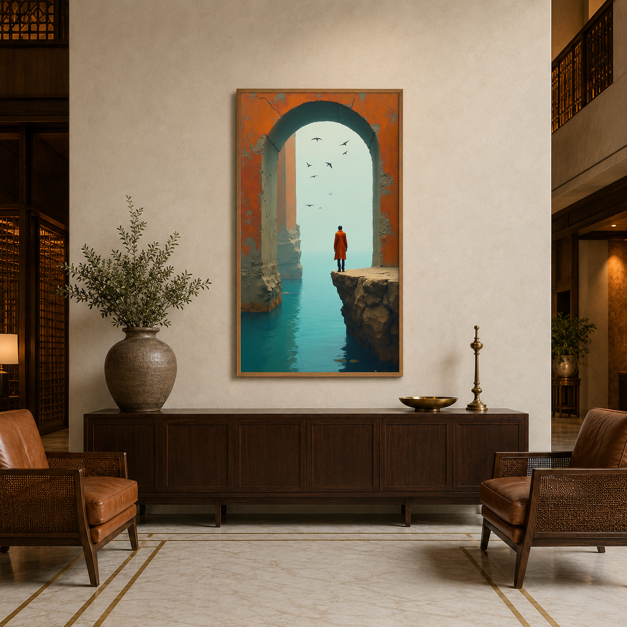 Man Under Arch Birds acoustic painting on PET felt canvas