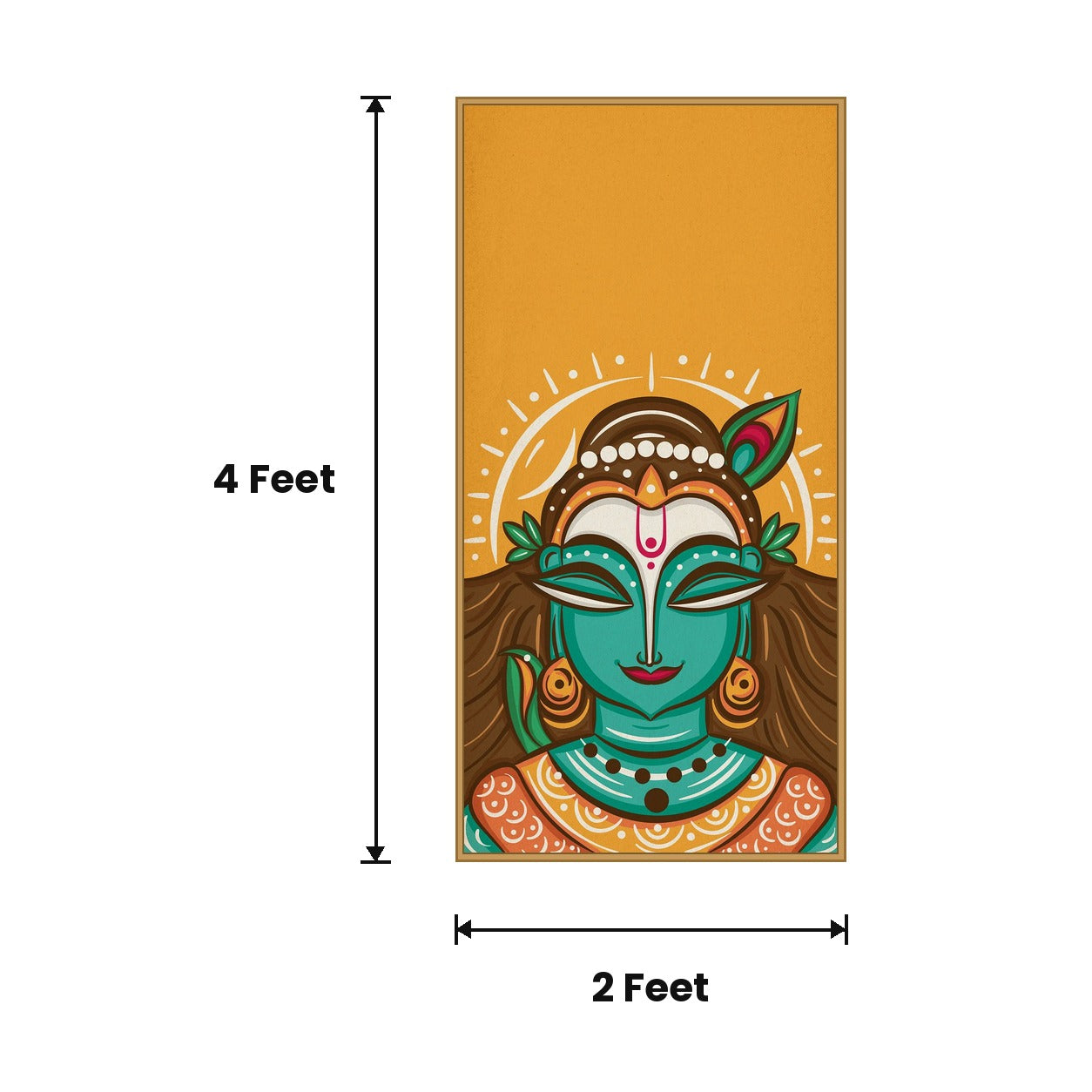 Krishna Face Teal Yellow acoustic painting size guide, 4 x 2 ft