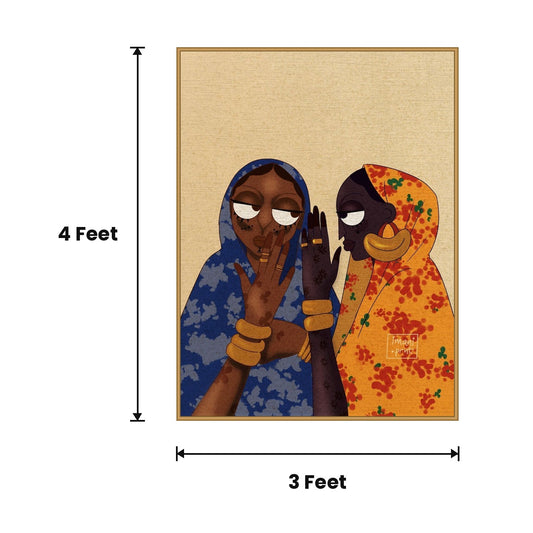 Two Women Gossiping Folk acoustic painting size guide, 4 x 3 ft