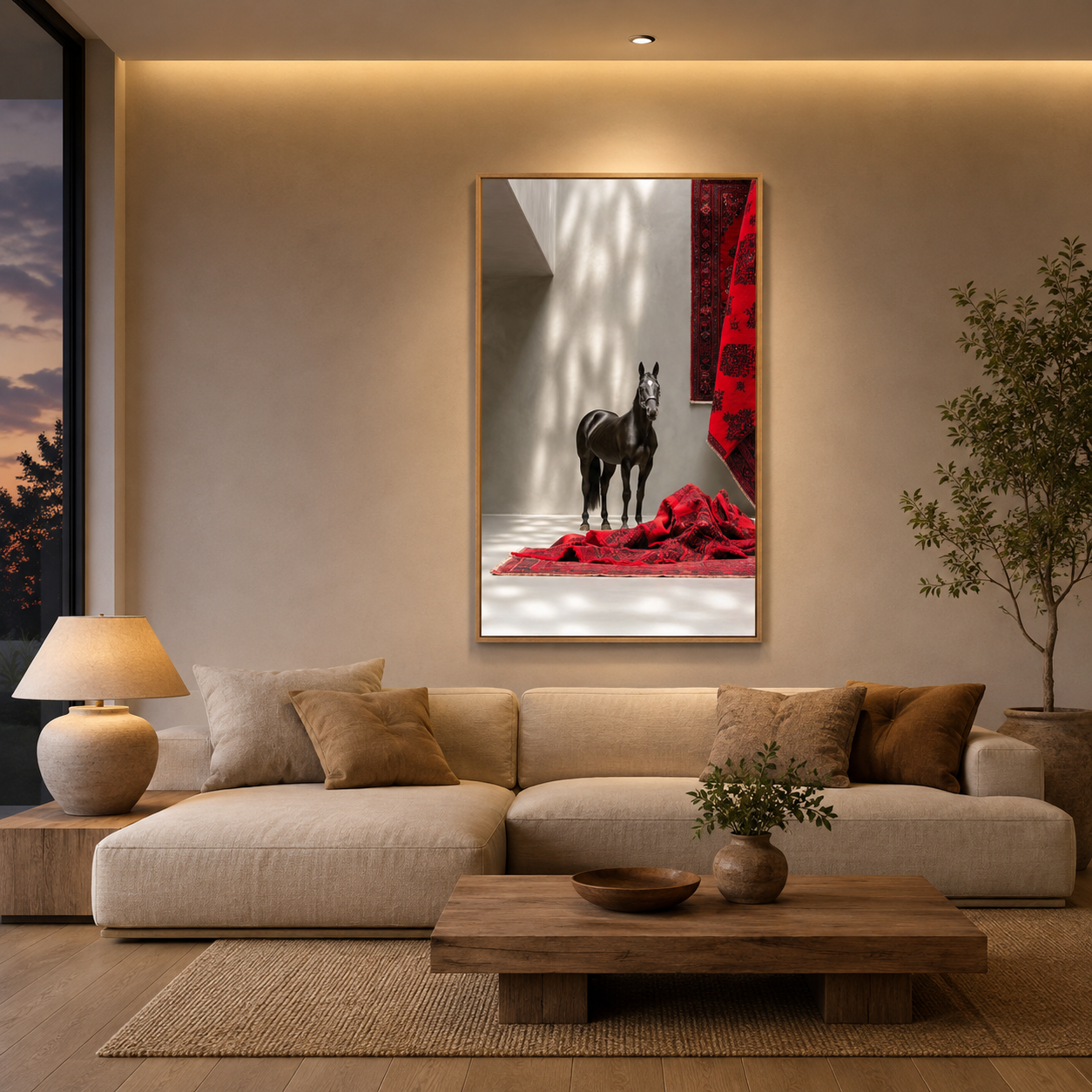 Black Horse With Red Rugs acoustic painting on PET felt canvas